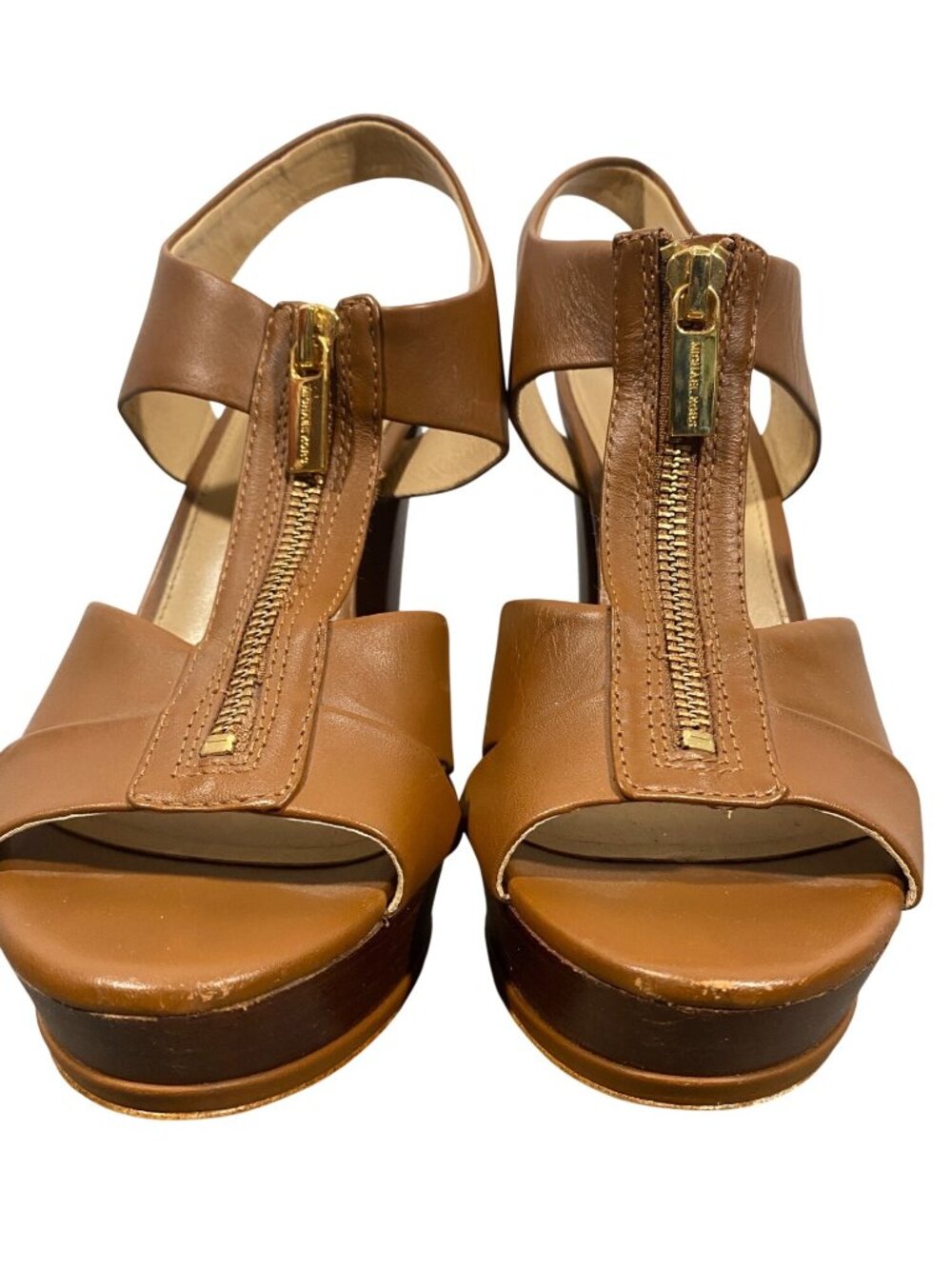 Michael Michael Kors Tan Leather Platform Heels Gold Zipper 5.5 Inch heels - Picture 4 of 12